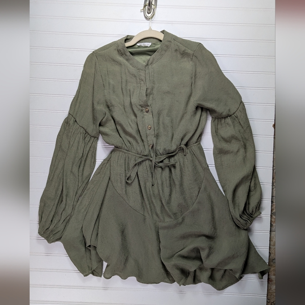Blu Pepper Long Sleeve Mini  V Neck Dress Olive S - Picture 3 of 11